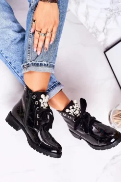 Lakierowane Ocieplane Botki Z Perełkami I Wstążką Czarne Perla