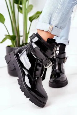 Lakierowane Ocieplane Botki Workery Czarne Not Realy