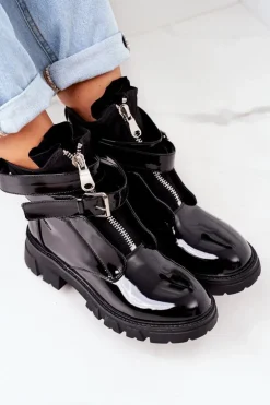 Lakierowane Ocieplane Botki Workery Czarne Not Realy