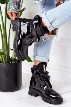 Lakierowane Ocieplane Botki Workery Czarne Not Realy