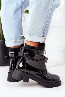 Lakierowane Ocieplane Botki Workery Czarne Not Realy