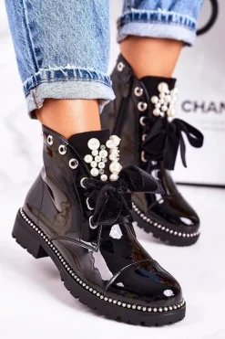 Lakierowane Ocieplane Botki Z Perełkami, Dżetami I Wstążką Czarne Perla