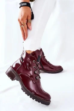 Lakierowane Ocieplane Botki Bordowe Cloghan