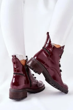 Lakierowane Ocieplane Botki Bordowe Cloghan
