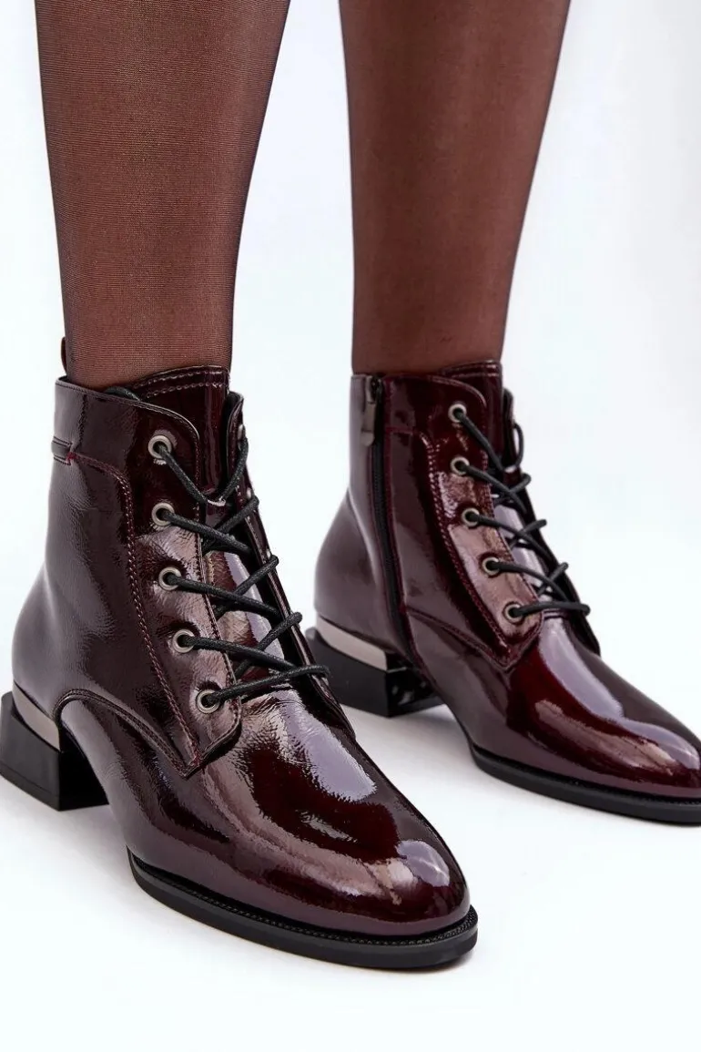 Lakierowane Ocieplane Botki Na Suwak Bordowe Achonia