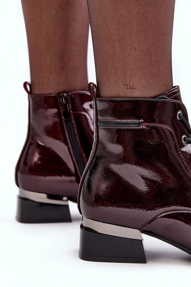 Lakierowane Ocieplane Botki Na Suwak Bordowe Achonia