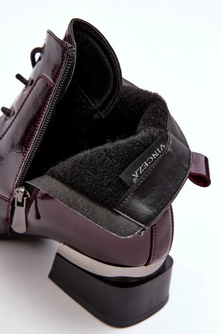 Lakierowane Ocieplane Botki Na Suwak Bordowe Achonia