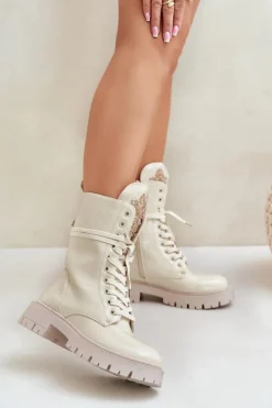 Lakierowane Ocieplane Botki Workery Z Ozdobą Beżowe Kelilea