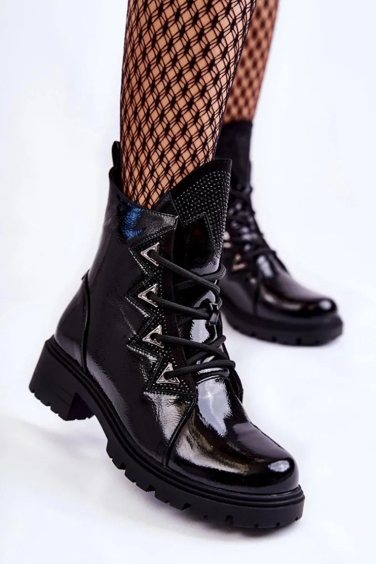 Lakierowane Ocieplane Botki Z Dżetami Czarne Gwen