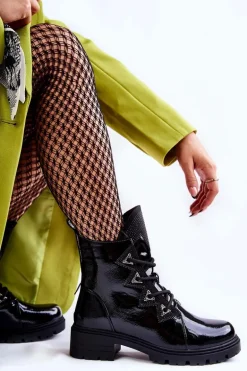 Lakierowane Ocieplane Botki Z Dżetami Czarne Gwen