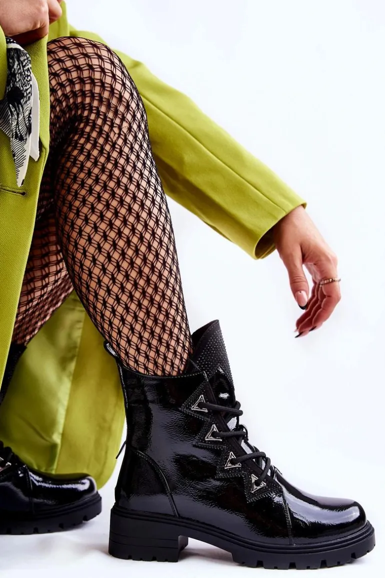 Lakierowane Ocieplane Botki Z Dżetami Czarne Gwen