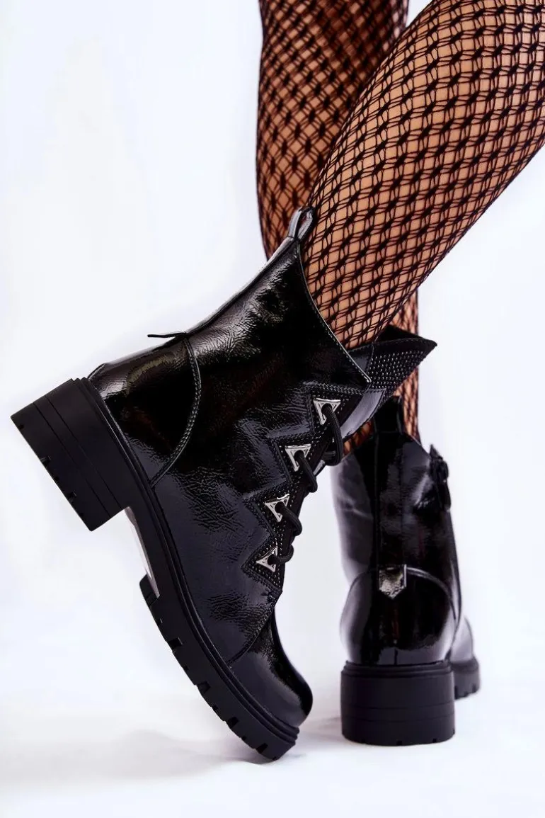 Lakierowane Ocieplane Botki Z Dżetami Czarne Gwen