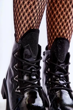 Lakierowane Ocieplane Botki Z Dżetami Czarne Gwen