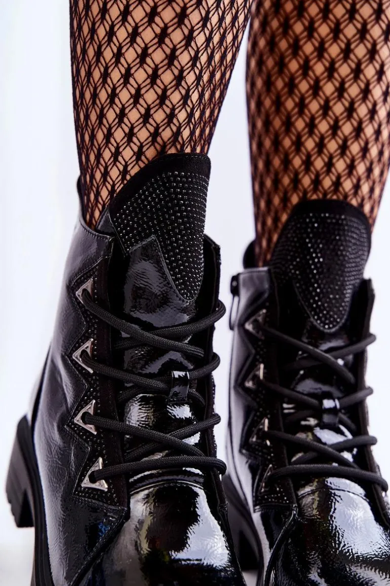 Lakierowane Ocieplane Botki Z Dżetami Czarne Gwen