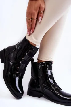 Lakierowane Ocieplane Botki Na Płaskim Obcasie Czarne Geira