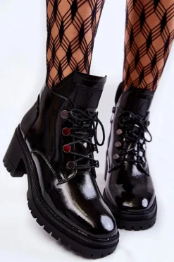 Lakierowane Ocieplane Botki Sznurowane Czarne Ragnhild