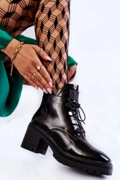 Lakierowane Ocieplane Botki Sznurowane Czarne Ragnhild