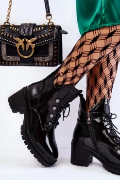 Lakierowane Ocieplane Botki Sznurowane Czarne Ragnhild