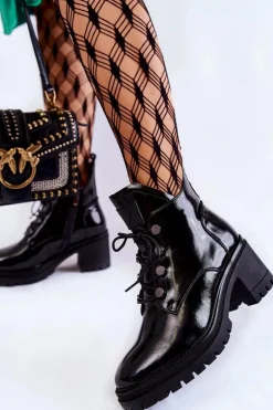 Lakierowane Ocieplane Botki Sznurowane Czarne Ragnhild