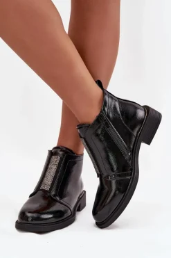 Lakierowane Ocieplane Botki Damskie Na Niskim Obcasie S.Barski HY52-506 Czarne