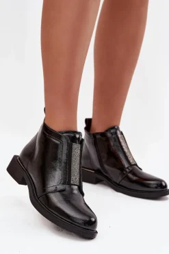 Lakierowane Ocieplane Botki Damskie Na Niskim Obcasie S.Barski HY52-506 Czarne