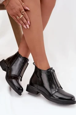 Lakierowane Ocieplane Botki Damskie Na Niskim Obcasie S.Barski HY52-506 Czarne