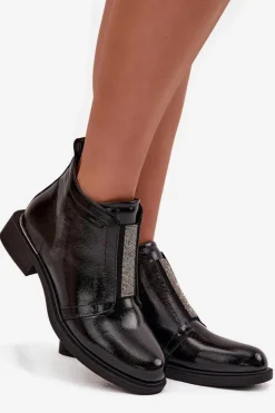 Lakierowane Ocieplane Botki Damskie Na Niskim Obcasie S.Barski HY52-506 Czarne