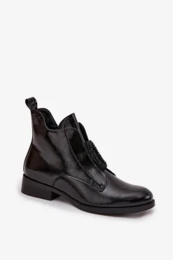 Lakierowane Ocieplane Botki Damskie Z Ozdobnym Detalem S.Barski HY52-525 Czarne