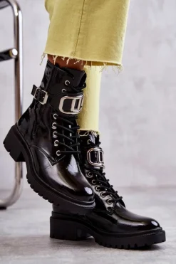 Lakierowane Ocieplane Damskie Botki Czarne Costello