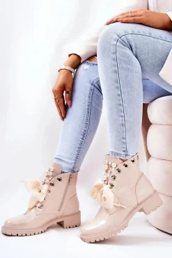 Lakierowane Ocieplane Workery Z Perełkami Beżowe Perla