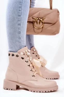 Lakierowane Ocieplane Workery Z Perełkami Beżowe Perla