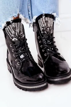 Lakierowane Ocieplane Workery Z Cyrkoniami Czarne Attention