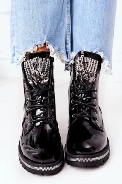 Lakierowane Ocieplane Workery Z Cyrkoniami Czarne Attention