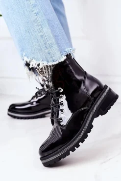 Lakierowane Ocieplane Workery Z Cyrkoniami Czarne Attention