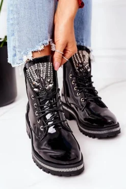 Lakierowane Ocieplane Workery Z Cyrkoniami Czarne Attention