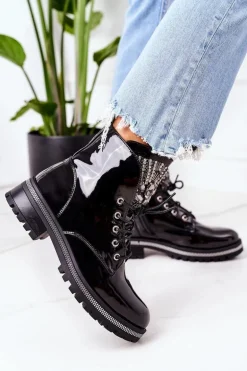 Lakierowane Ocieplane Workery Z Cyrkoniami Czarne Attention