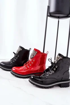 Lakierowane Ocieplane Workery Z Cyrkoniami Czarne Attention