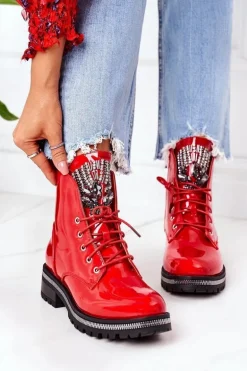 Lakierowane Ocieplane Workery Z Cyrkoniami Czerwone Attention