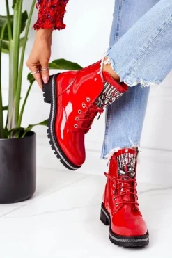 Lakierowane Ocieplane Workery Z Cyrkoniami Czerwone Attention