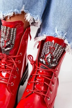 Lakierowane Ocieplane Workery Z Cyrkoniami Czerwone Attention