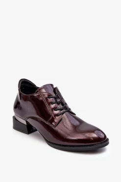 Lakierowane Półbuty Damskie Sznurowane Bordowe Banosa