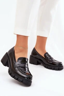 Lakierowane Półbuty Damskie Na Masywnym Obcasie Czarne Felonith