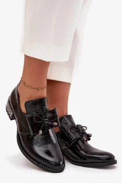 Lakierowane Półbuty Damskie Na Niskim Obcasie Z Kokardą Zazoo 1399 Czarne