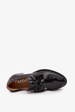 Lakierowane Półbuty Damskie Na Niskim Obcasie Z Kokardą Zazoo 1399 Czarne