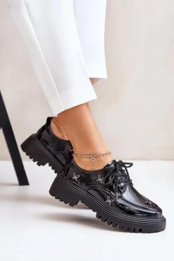 Lakierowane Półbuty Damskie Z Ozdobami Skóra Naturalna Artiker 55C1011 Czarne