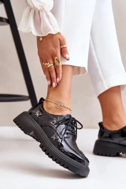 Lakierowane Półbuty Damskie Z Ozdobami Skóra Naturalna Artiker 55C1011 Czarne