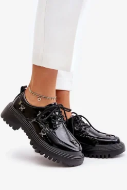 Lakierowane Półbuty Damskie Z Ozdobami Skóra Naturalna Artiker 55C1011 Czarne