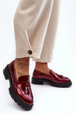 Lakierowane Półbuty Loafersy Z Frędzlami Bordowe Velenase
