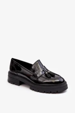 Lakierowane Półbuty Loafersy Z Frędzlami Czarne Velenase