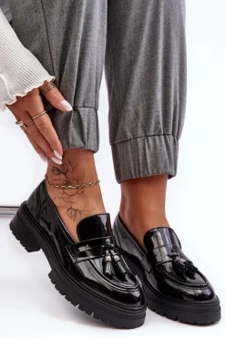 Lakierowane Półbuty Loafersy Z Frędzlami Czarne Velenase